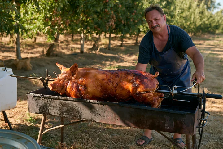 A man stands beside a freshly roasted pig on outdoor grill in an orchard.