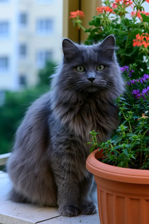 A Mandalay cat with gray fur sits next to colorful flower pots on a balcony.