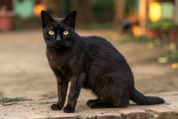A Mandalay cat with shiny black fur sits on a brick path, looking directly at the viewer.