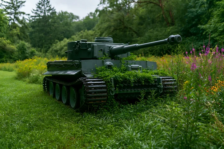 A military tank sits partially covered in grass and plants within a vibrant landscape.