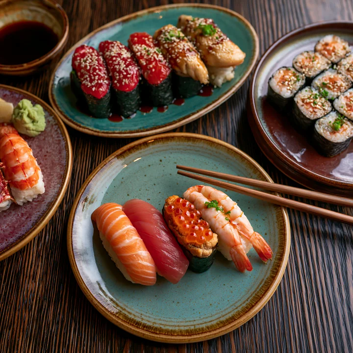 A modern sushi presentation featuring different types of sushi on colorful plates.