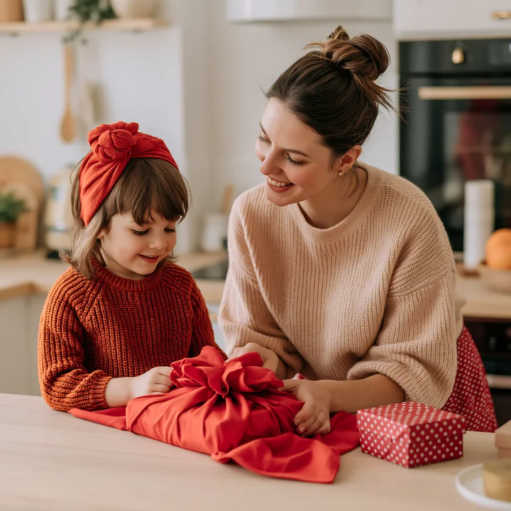 A mother helps her daughter with gift wrapping on a kitchen table.