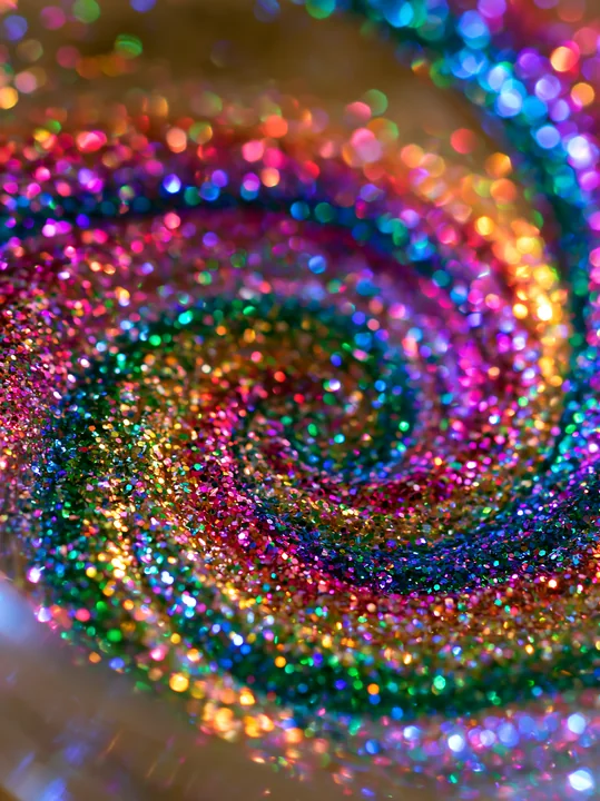 A multicolor glitter swirl macro photograph shows vibrant glitter particles in a swirling pattern, creating a dazzling display of colors.