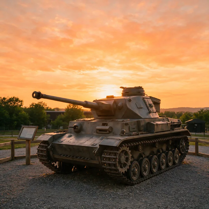 A panzer tank sunset museum display shows the tank sitting on gravel beneath a colorful sky.