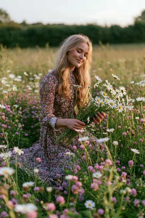 A person gathers wild meadow flowers in a colorful field filled with daisies and clovers during the golden hour.