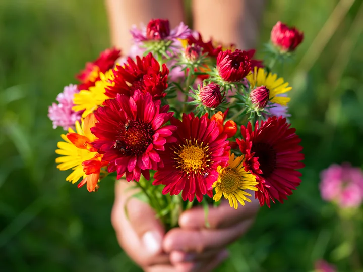 A person holds a bouquet of red and yellow flowers in hands against a soft green meadow background.
