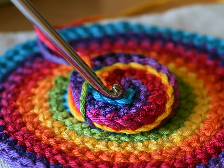 A person holds a crochet hook while winding rainbow thread in a spiral.
