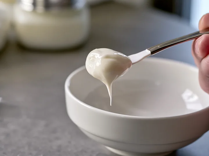 A person holds a spatula with a cream dose above a white bowl in a well-lit setting.