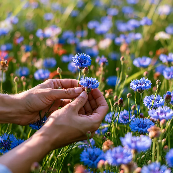 A person is gathering wild meadow flowers with both hands in a field filled with colorful blossoms.