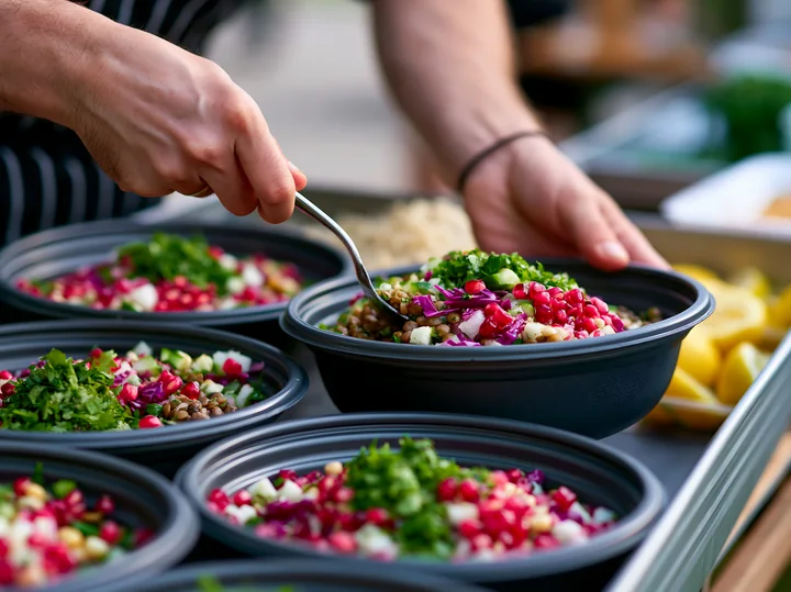 A person is serving fresh salads at a sustainable buffet catering event.