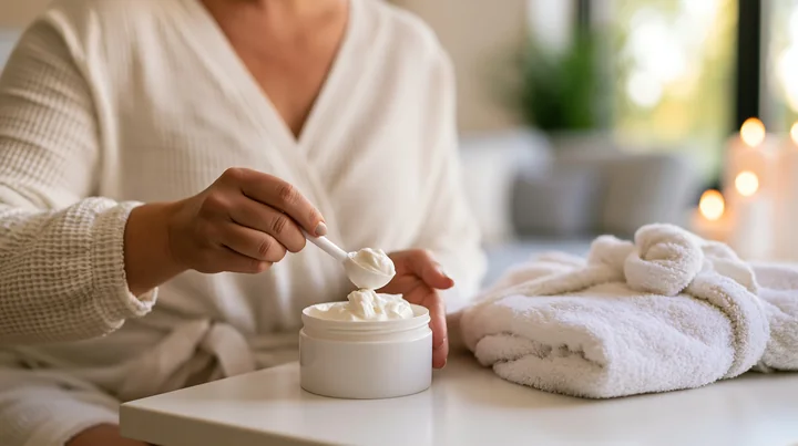 A person uses a cosmetic scoop to measure out cream from a container at a bathroom counter.