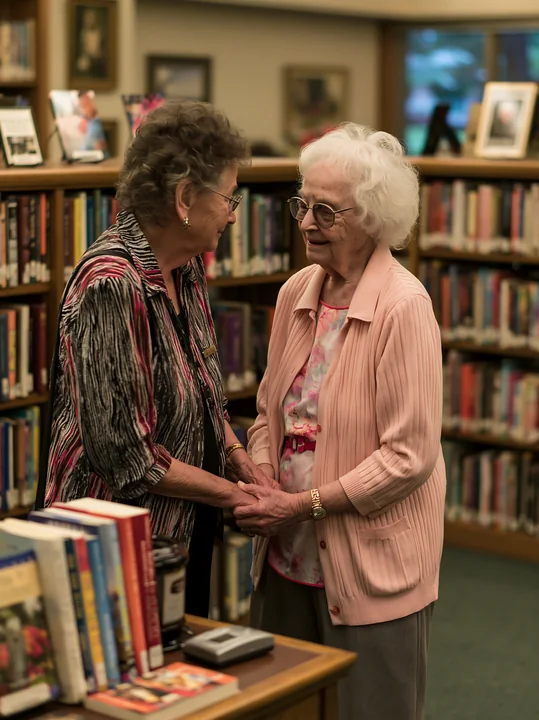 A person with Alzheimer's recognizing a familiar family member shares a warm moment in a library filled with books.