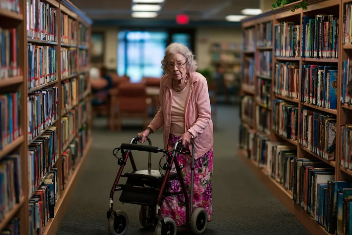 A person with Alzheimer's using a walking aid indoors is seen moving slowly through the aisle of a library surrounded by bookshelves.