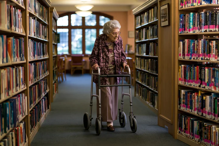 A person with Alzheimer's using a walking aid moves through a library aisle lined with bookshelves.