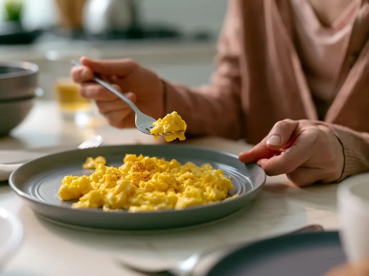 A person with limited hand mobility using utensils to eat scrambled eggs from a plate in a kitchen setting.
