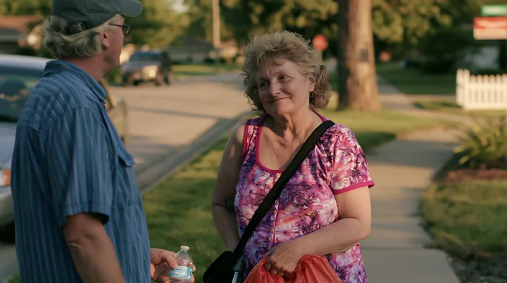 A person with Parkinson's disease receiving support from another person on a sunny day in a neighborhood.