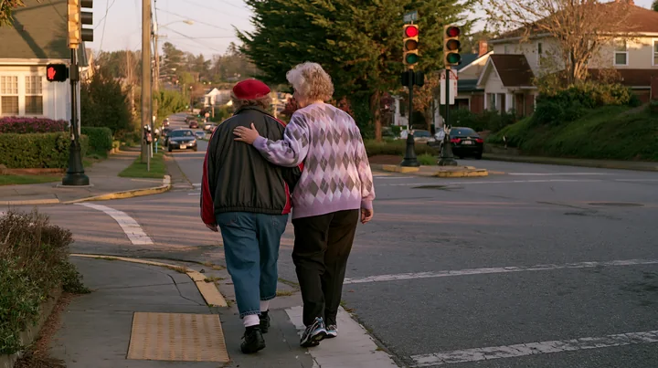 A person with Parkinson's disease receiving support walks along the street in a residential area.