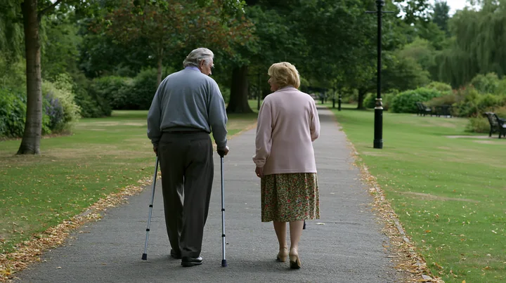 A person with Parkinson's disease receiving support walks with a companion in a green park.