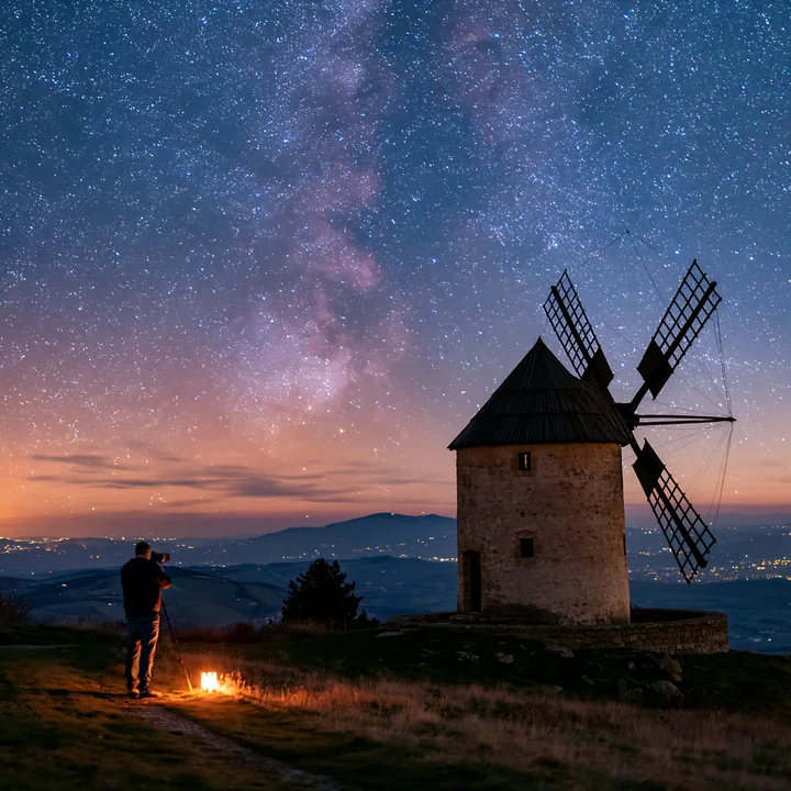 A photographer stands near a windmill, capturing the starry sky filled with the Milky Way.