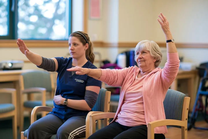 A physical therapist demonstrates exercises to a patient with Parkinson's in a clinic.