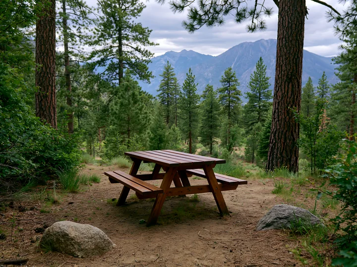 A picnic table sits in a wooded area of a pine forest, offering a view of a distant mountain range.