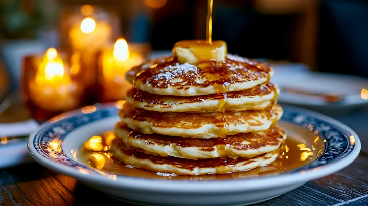 A plate displays a tall stack of pancakes topped with butter and drizzled with syrup.