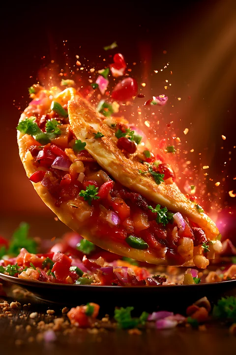 A plate of nachos is topped with cheese, tomatoes, onions, and herbs.