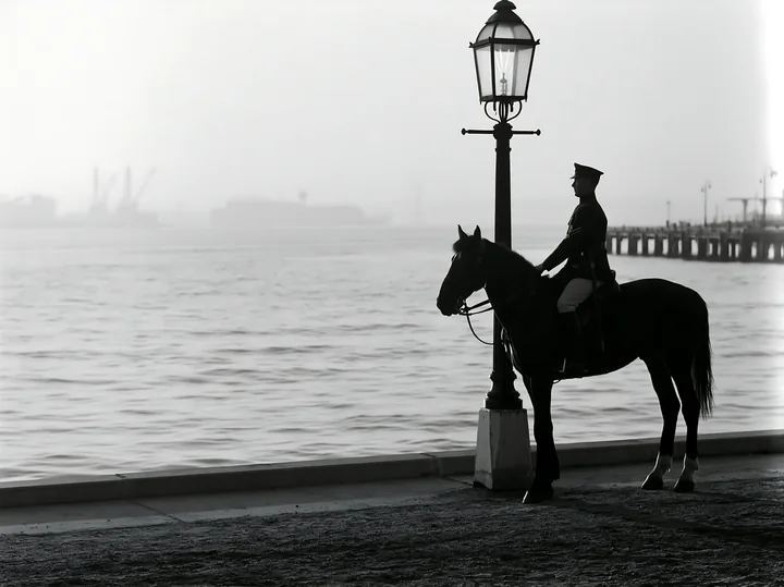 A police officer on horseback stands by a lamppost near the water.