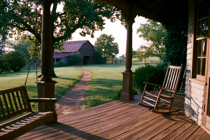 A porch with rocking chairs overlooks a path leading to a rustic barn in the countryside.