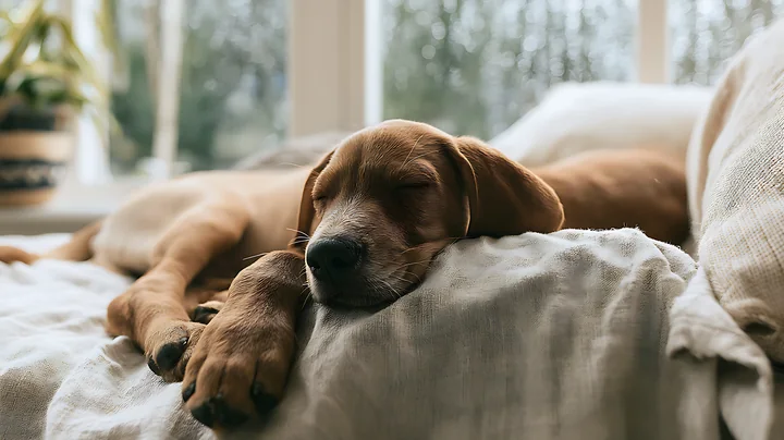 A puppy sleeps soundly on a soft linen blanket by a window while rain falls outside.