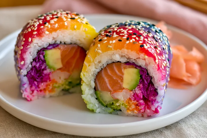 A rainbow sushi roll close-up shows colorful layers of fish and vegetables sliced in half.
