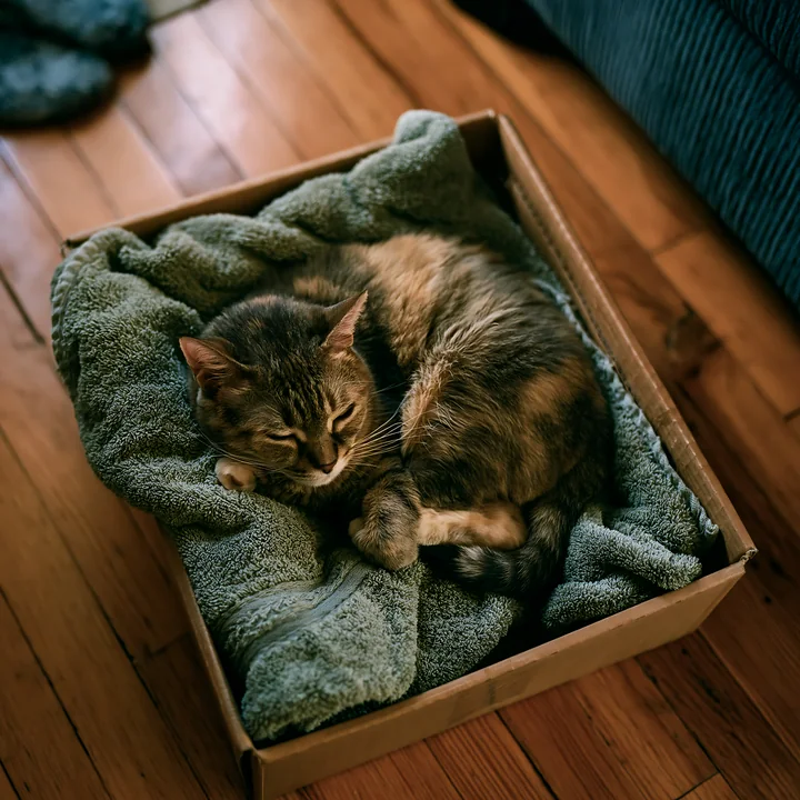 A rare cat breed is curled up and sleeping in a cardboard box filled with a soft towel.