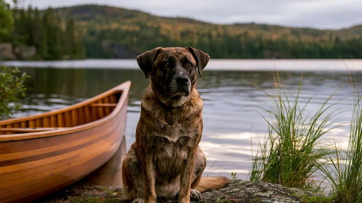 A rare dog breed brindle coat sits near a calm lake with a wooden canoe in the background.