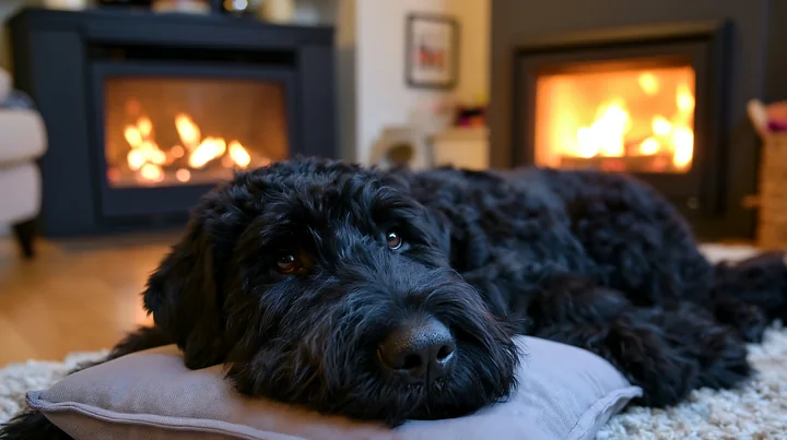 A rare dog breed is lying on a pillow next to a warm fireplace in a cozy living room.