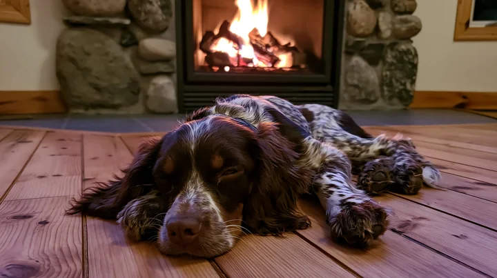 A rare dog breed is relaxing by a warm fireplace in a cozy room.