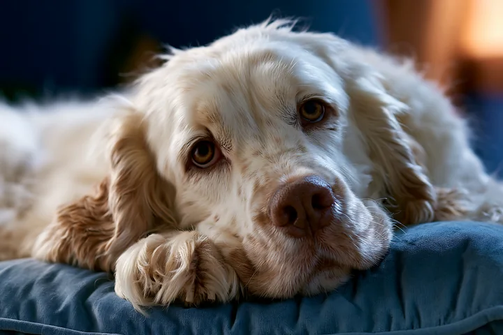 A rare dog breed lies on a blue cushion in a studio setting, its eyes looking calmly at the viewer.