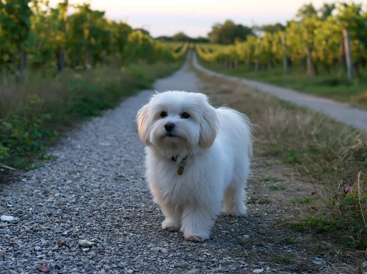 A rare dog breed on rural road walks along a gravel path lined by vineyards during sunset.