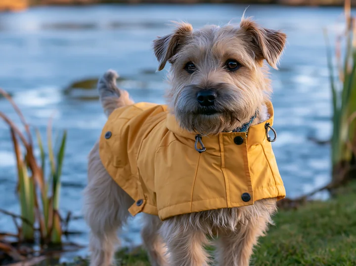 A rare dog breed photographed from above stands on the grass near a calm water body.