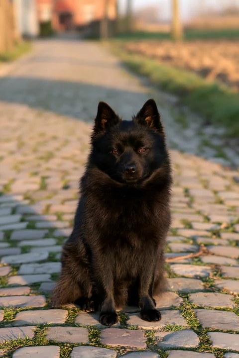 A rare dog breed sits calmly on a cobblestone road surrounded by grass and fields.