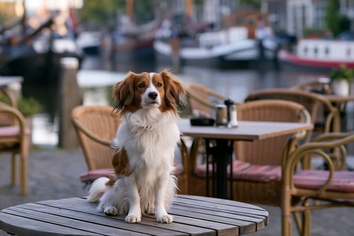 A rare dog breed sits on a table at an outdoor café next to a waterfront.