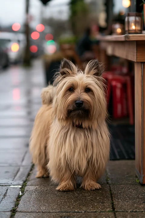 A rare dog breed stands at an outdoor café on a rainy day.