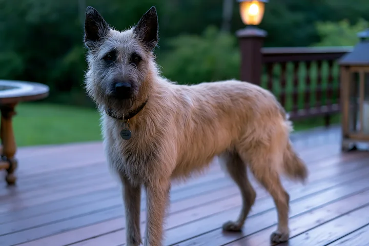 A rare dog breed stands attentively on a wooden deck during obedience training.