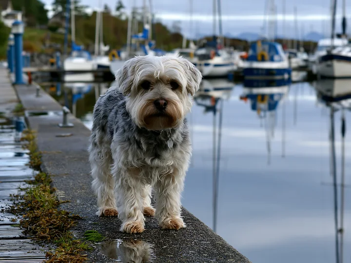 A rare dog breed stands by the water at a marina with boats and reflections nearby.