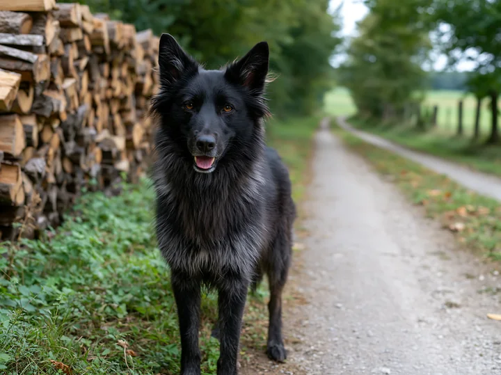 A rare dog breed stands on a dirt road surrounded by trees and a woodpile.