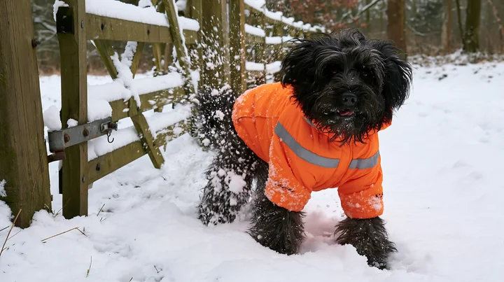A rare dog breed wearing winter coat plays in the snow near a wooden fence.