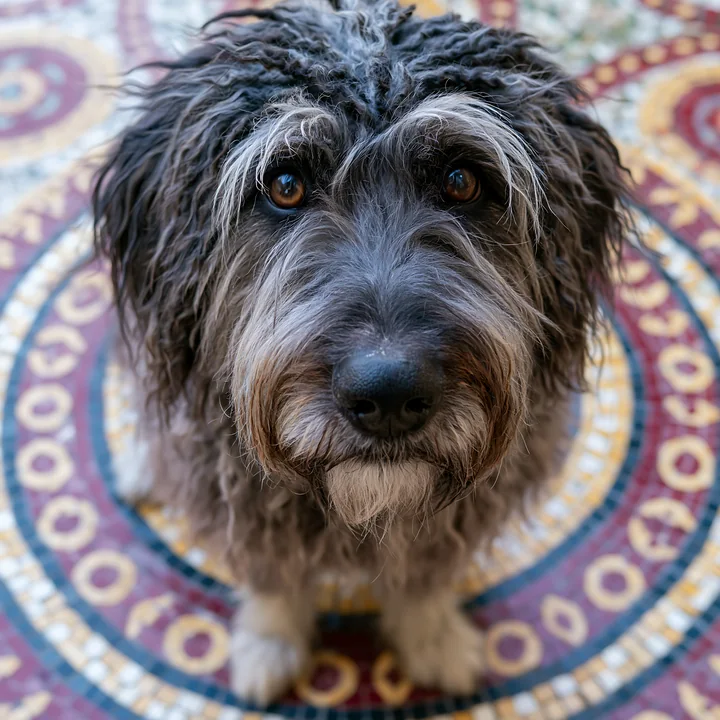 A rare dog breed with long fur sits on a decorative patterned floor.