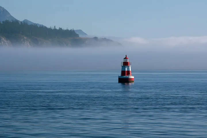 A red and white lighthouse stands in the water, surrounded by a thick sea fog.