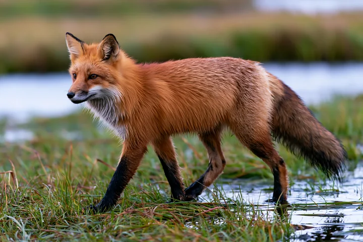 A red fox moves through the tall grass near a coastline with salt marsh.