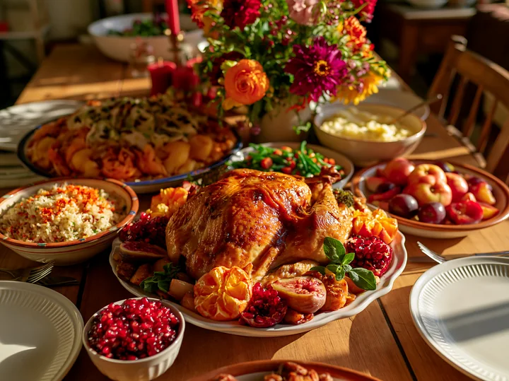 A roasted turkey is presented on a festive dining table filled with various side dishes and vibrant flowers.