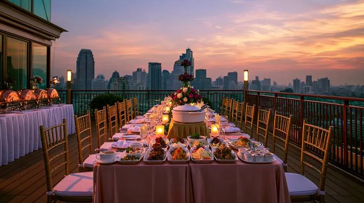 A rooftop buffet dinner features a long table set with various dishes and candles against a sunset skyline.